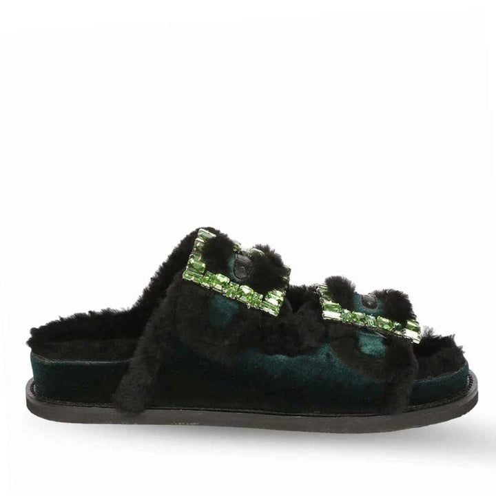 Saint Gemma Crystal Buckle Green Fur Snug Sandals