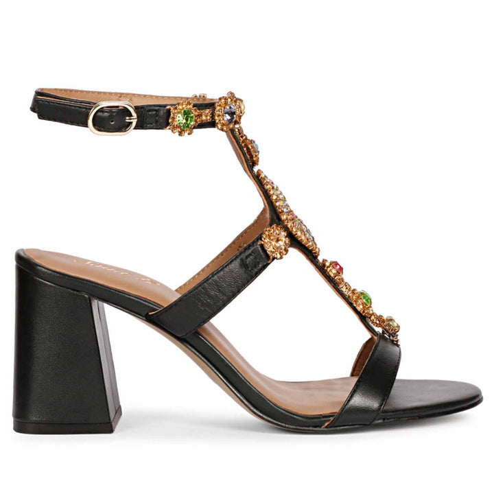 Saint Elettra Multi Stone Embellished Black Leather Block Heels