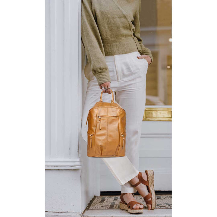 Favore Tan Leather Oversized Structured Backpacks