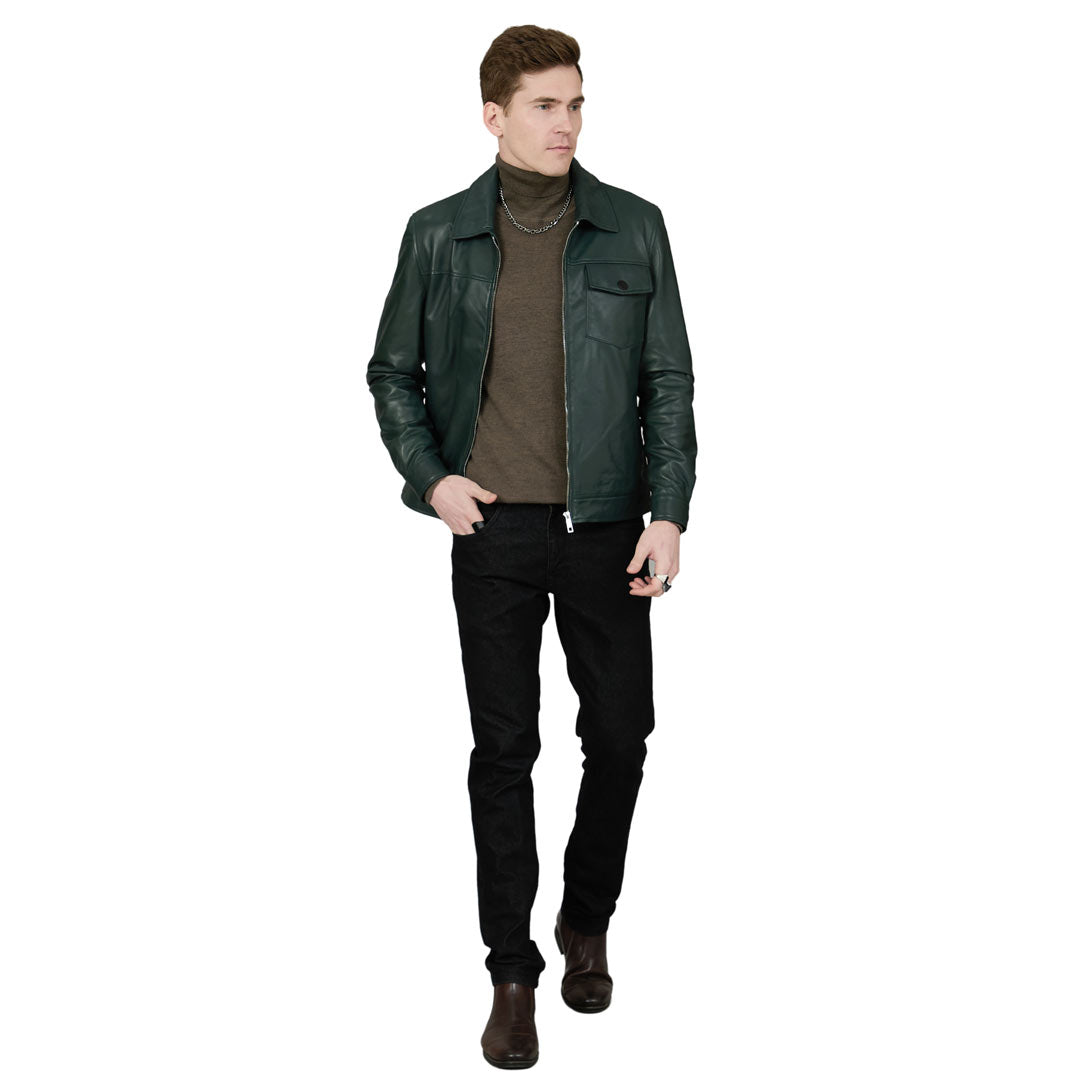 Saint Gerardo Green Leather Men's Jacket With Collars