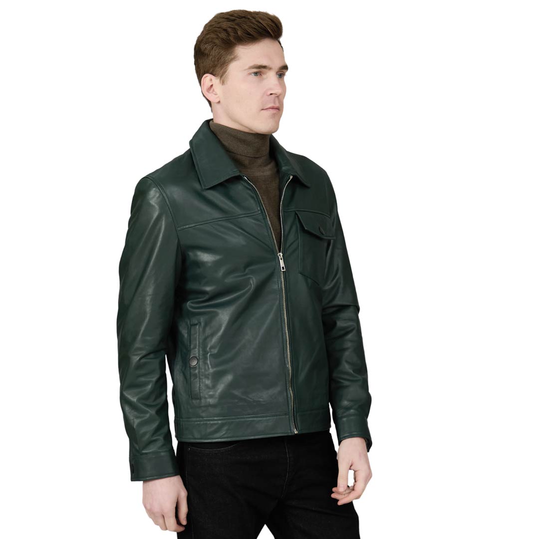 Saint Gerardo Green Leather Men's Jacket With Collars