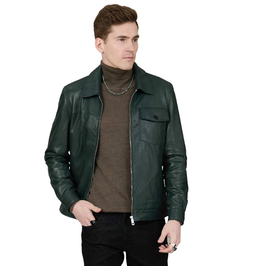 Saint Gerardo Green Leather Men's Jacket With Collars