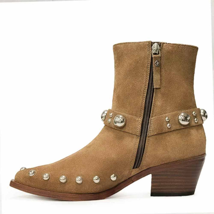 Saint Amelia Studded Tan Suede Leather Ankle Boots