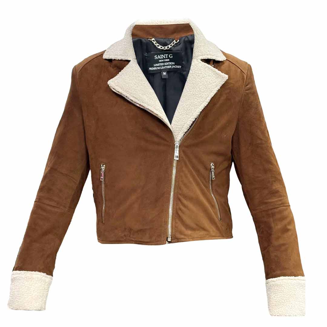 Saint Arlene Women Tan/Beige Leather Cafe Racer Jacket