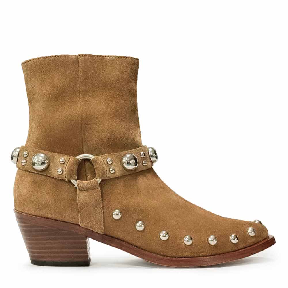 Saint Amelia Studded Tan Suede Leather Ankle Boots