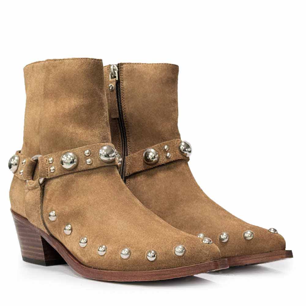 Saint Amelia Studded Tan Suede Leather Ankle Boots