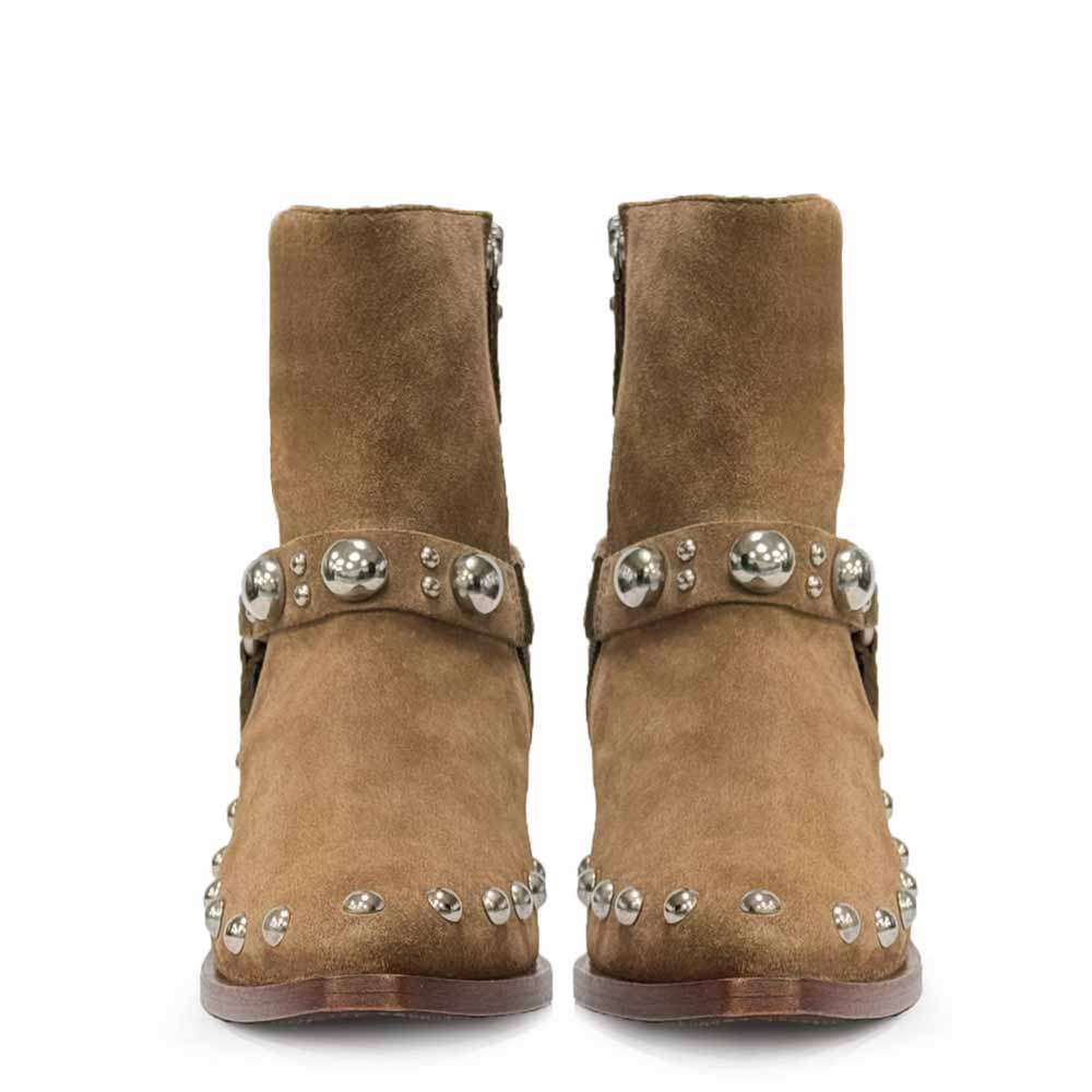 Saint Amelia Studded Tan Suede Leather Ankle Boots