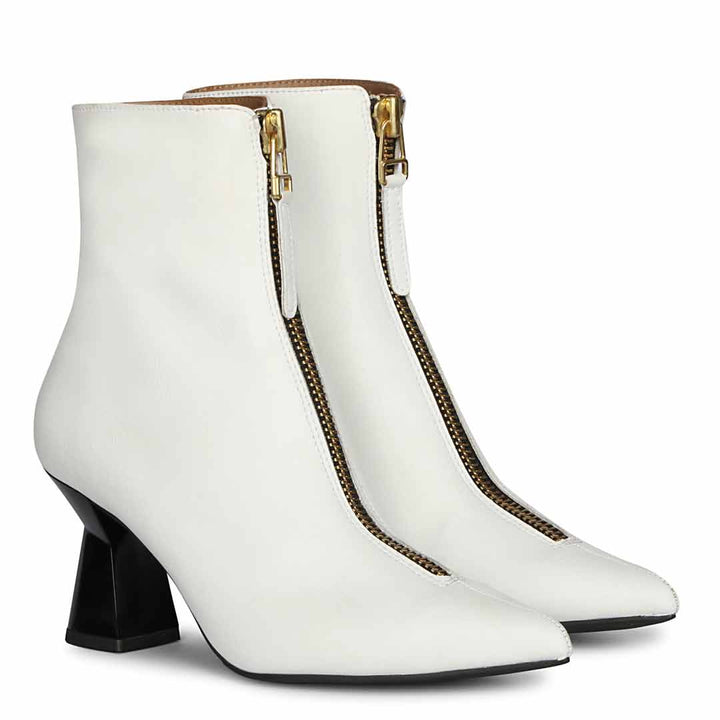 Saint Rose White Leather Front Zipper Pointed Toe Heel Boots