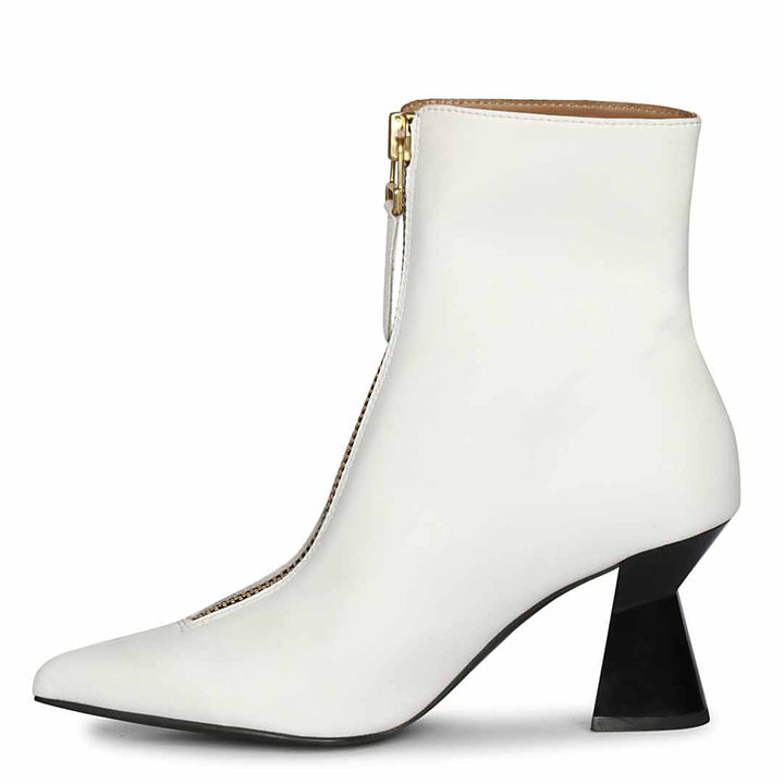 Saint Rose White Leather Front Zipper Pointed Toe Heel Boots