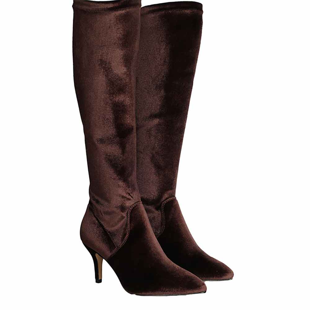 Saint Jemima Bordo Stretch Velvet Knee High Stiletto Boots