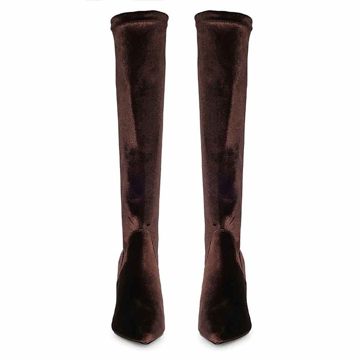 Saint Jemima Bordo Stretch Velvet Knee High Stiletto Boots