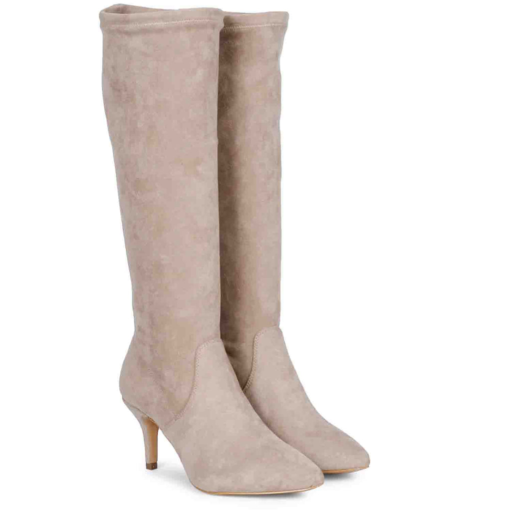 Saint Jemima Taupe Stretch Suede Kitten Heel Long Boots – SaintG India