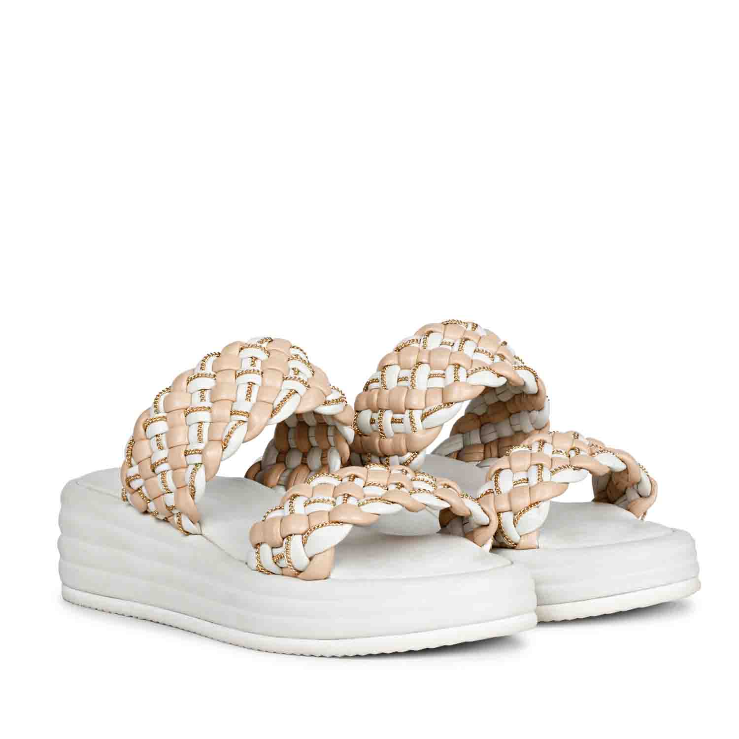 Saint Flurina Chain Embellished Beige Woven Leather Platform Sandals