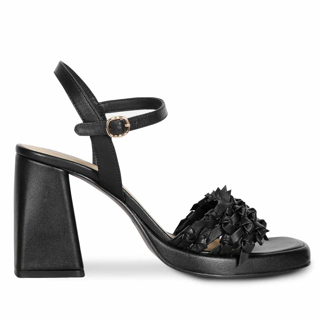 Saint Joy Black Hand Woven Leather Block Heels SaintG India