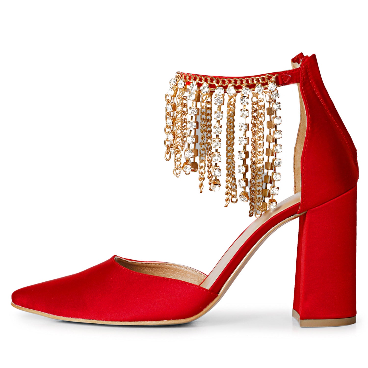 Saint Fayette Stone Studded Chain Red Satin Block Heels SaintG India