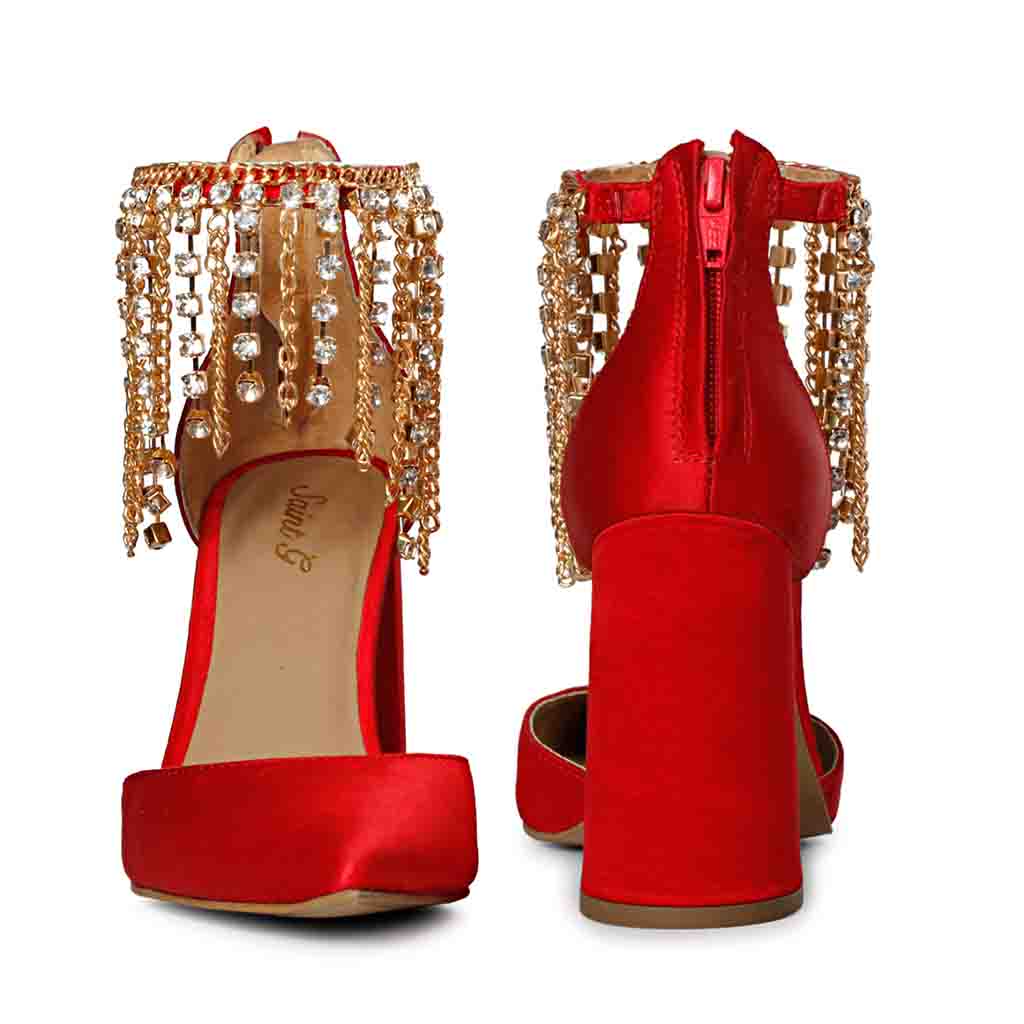 Red open discount toe block heels