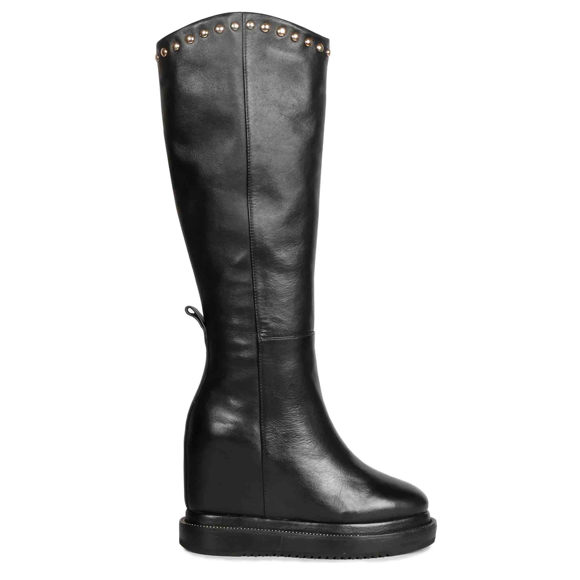 Black knee high 2024 boots with wedge heel