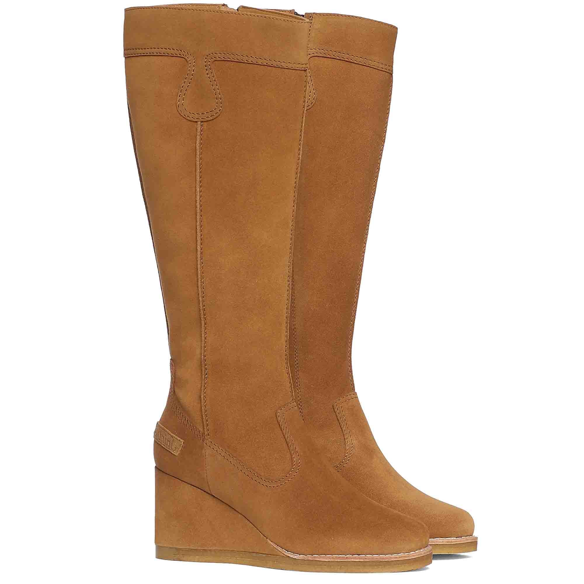 Shop Saint Carina Camel Suede Leather Knee High Wedge Heel Boots Winter Boots SaintG India